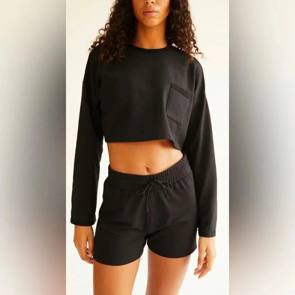 Free People Black Cropped Long-Sleeve Sweatshirt